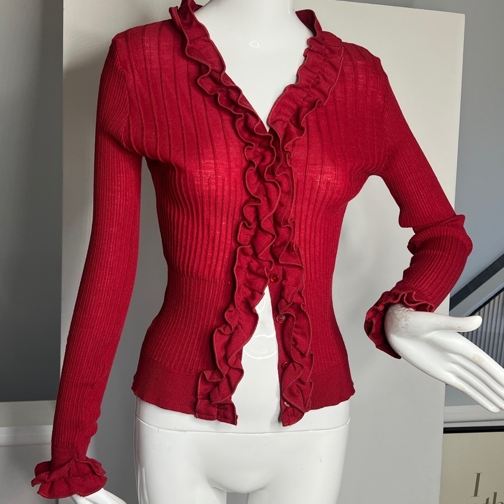 Anne Fontaine Sz 40 Burgundy Red Virgin Wool Knit Front Button Cardigan Sweater